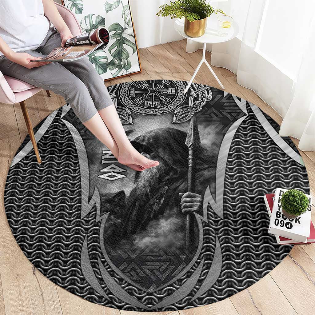 Odin and Viking Warrior Norse Mythology Round Carpet Realistic Black and Grey Tattoo Style
