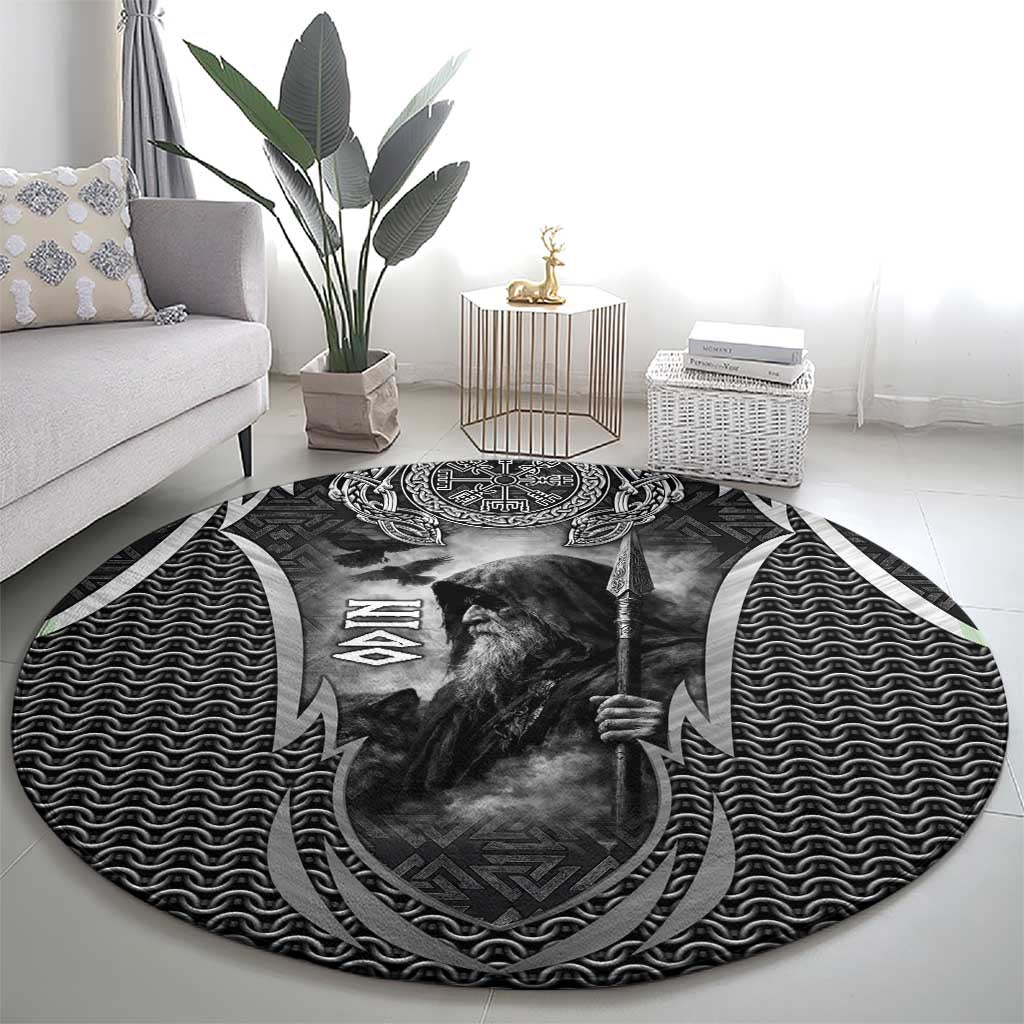 Odin and Viking Warrior Norse Mythology Round Carpet Realistic Black and Grey Tattoo Style