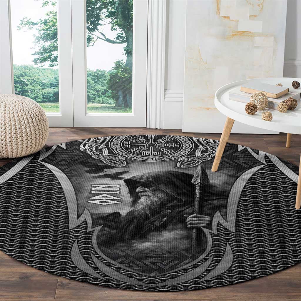 Odin and Viking Warrior Norse Mythology Round Carpet Realistic Black and Grey Tattoo Style