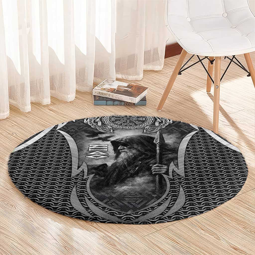 Odin and Viking Warrior Norse Mythology Round Carpet Realistic Black and Grey Tattoo Style