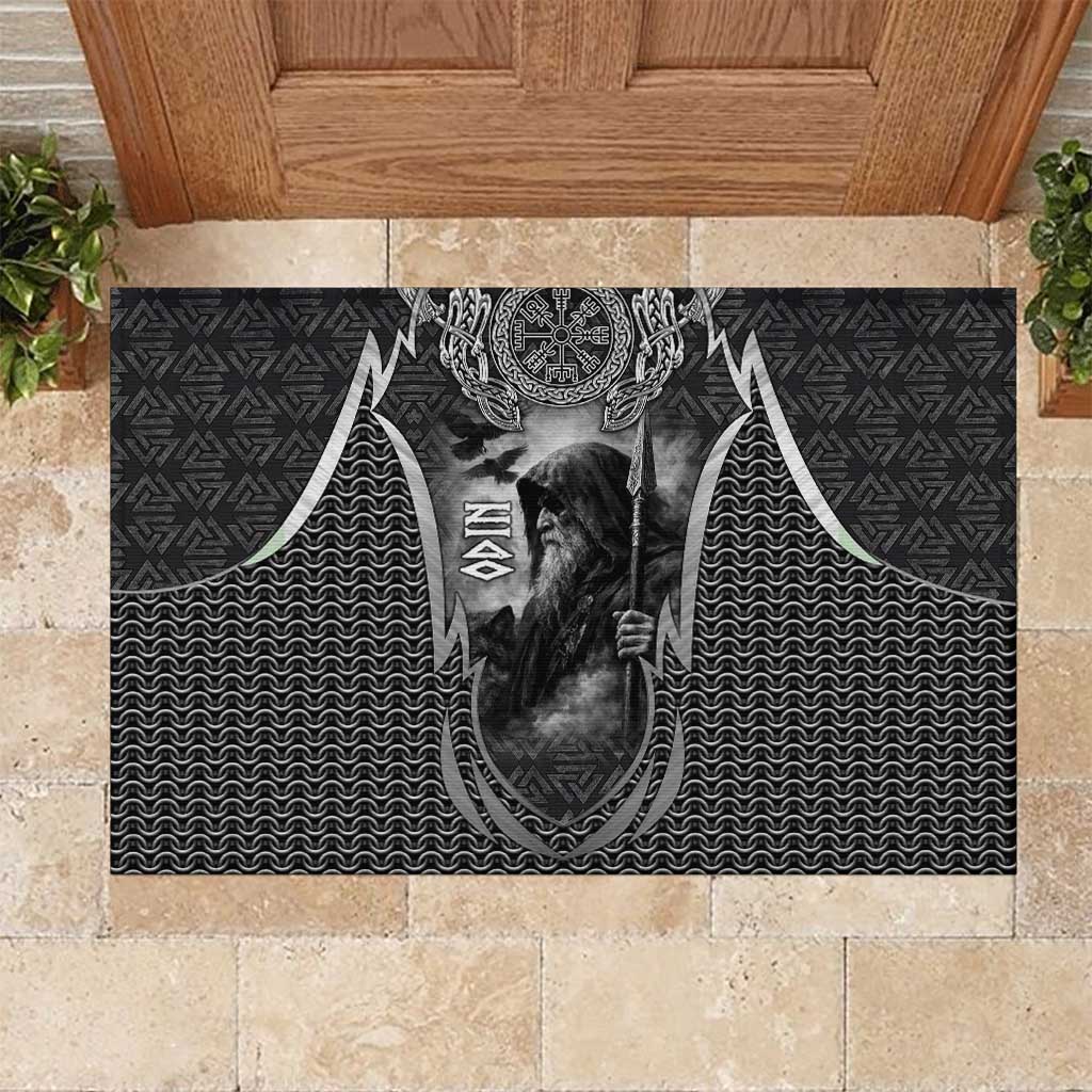 Odin and Viking Warrior Norse Mythology Rubber Doormat Realistic Black and Grey Tattoo Style
