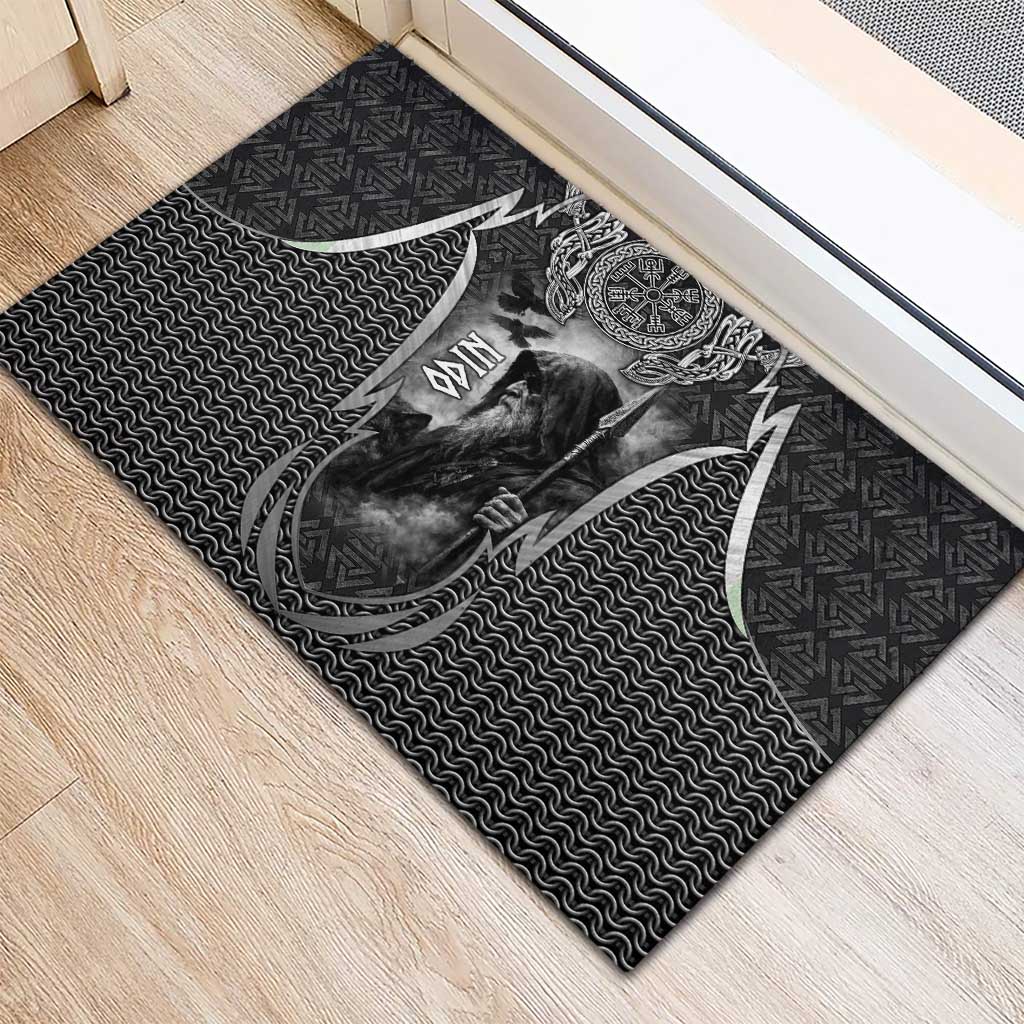 Odin and Viking Warrior Norse Mythology Rubber Doormat Realistic Black and Grey Tattoo Style