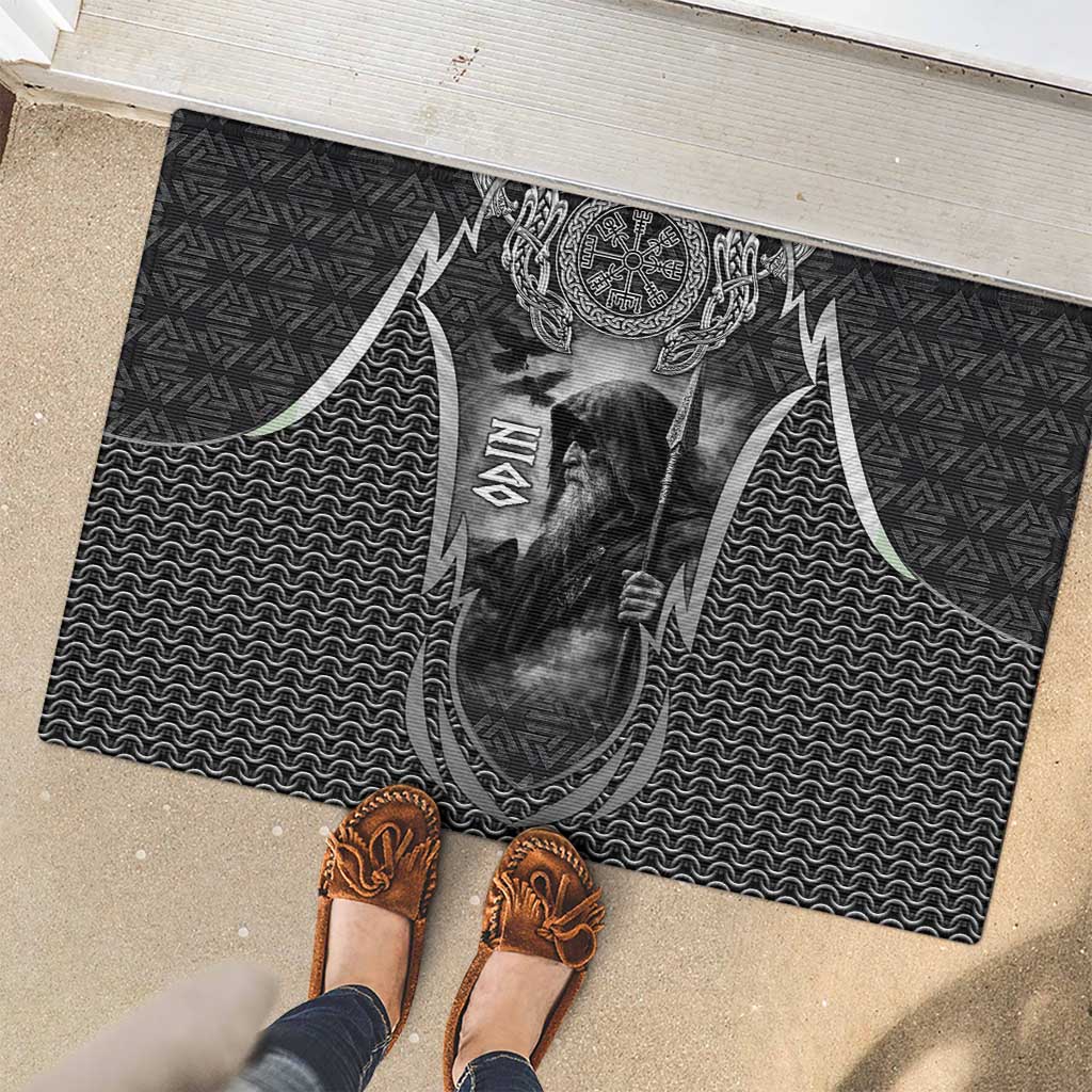 Odin and Viking Warrior Norse Mythology Rubber Doormat Realistic Black and Grey Tattoo Style