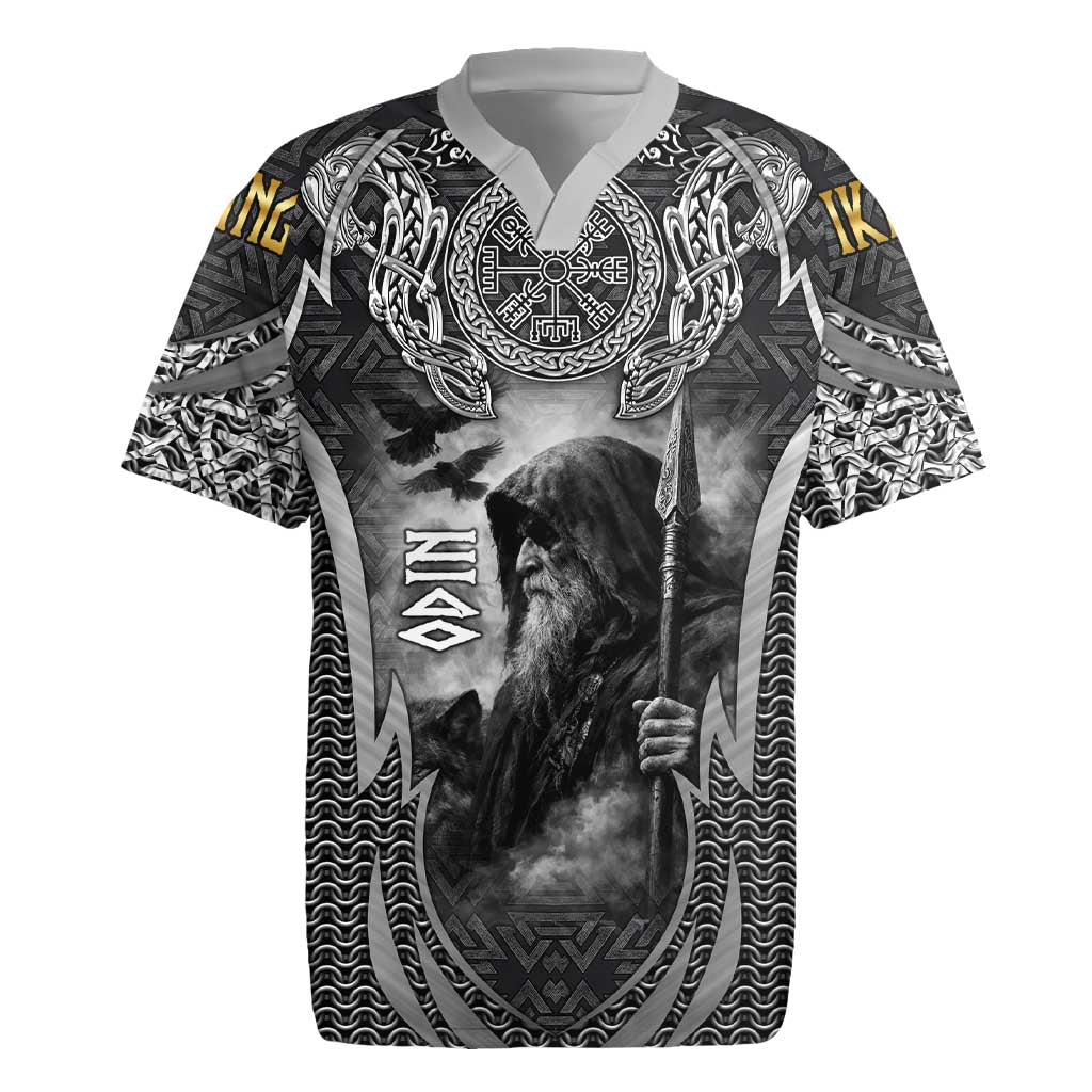 Odin and Viking Warrior Norse Mythology Rugby Jersey Realistic Black and Grey Tattoo Style