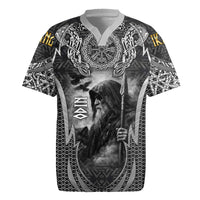 Odin and Viking Warrior Norse Mythology Rugby Jersey Realistic Black and Grey Tattoo Style