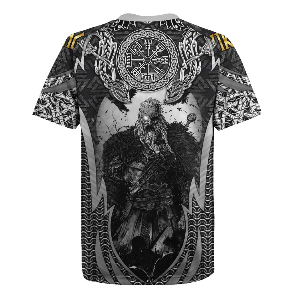 Odin and Viking Warrior Norse Mythology Rugby Jersey Realistic Black and Grey Tattoo Style