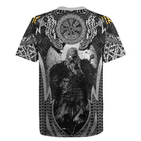 Odin and Viking Warrior Norse Mythology Rugby Jersey Realistic Black and Grey Tattoo Style
