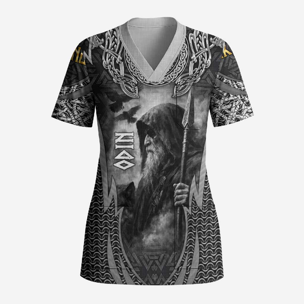 Odin and Viking Warrior Norse Mythology Scrub Top Realistic Black and Grey Tattoo Style