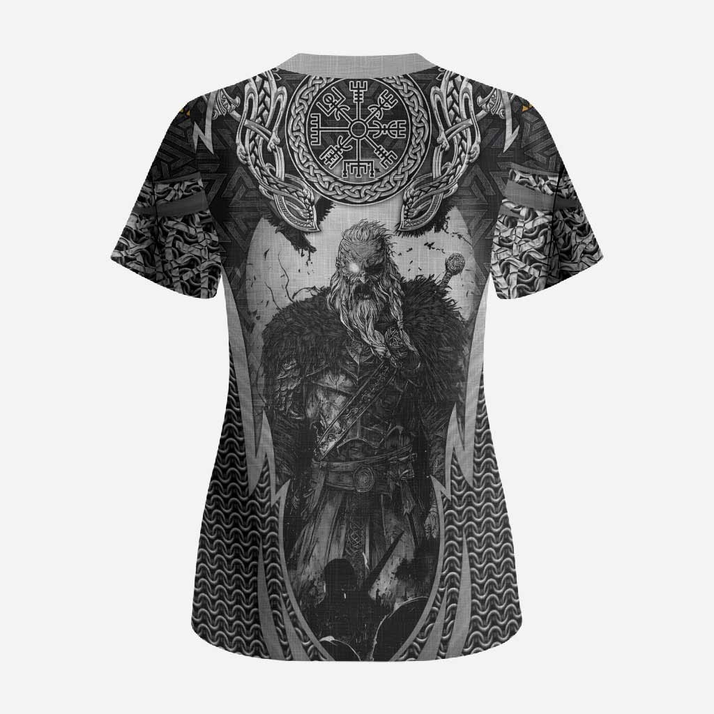 Odin and Viking Warrior Norse Mythology Scrub Top Realistic Black and Grey Tattoo Style