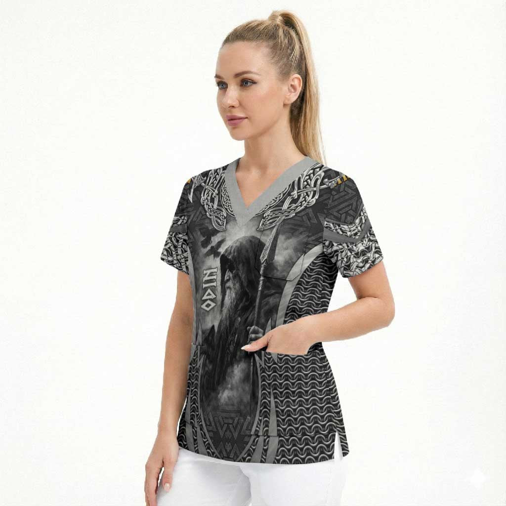 Odin and Viking Warrior Norse Mythology Scrub Top Realistic Black and Grey Tattoo Style