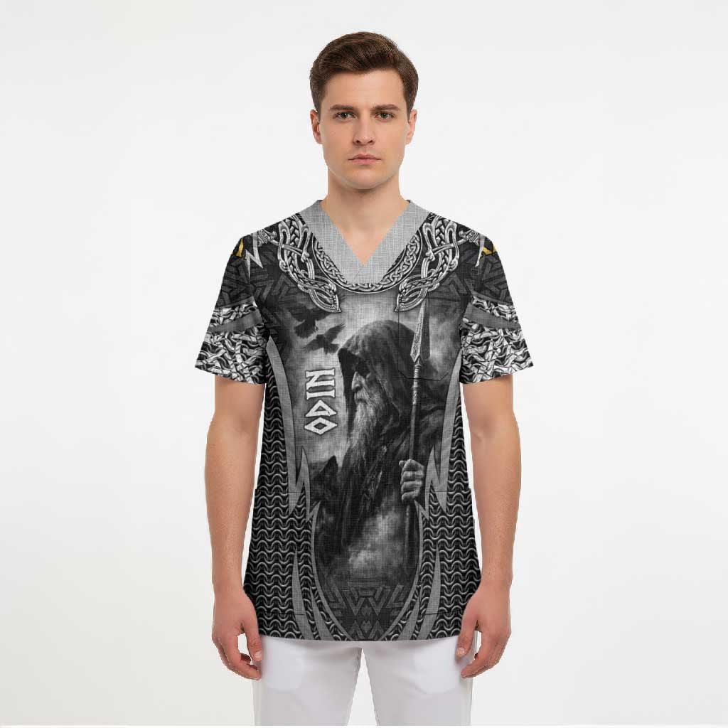 Odin and Viking Warrior Norse Mythology Scrub Top Realistic Black and Grey Tattoo Style