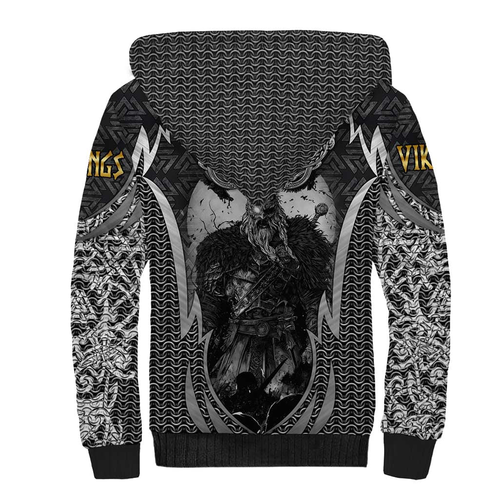 Odin and Viking Warrior Norse Mythology Sherpa Hoodie Realistic Black and Grey Tattoo Style