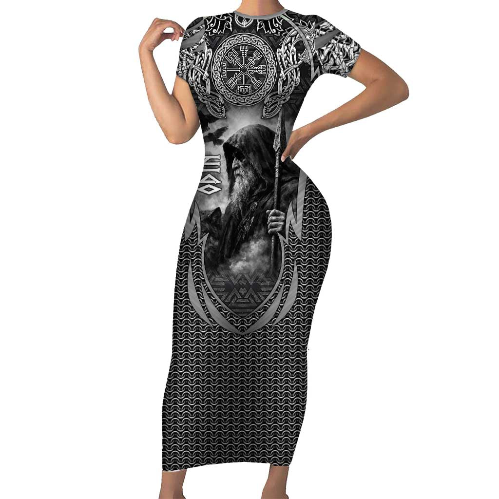 Odin and Viking Warrior Norse Mythology Short Sleeve Bodycon Dress Realistic Black and Grey Tattoo Style
