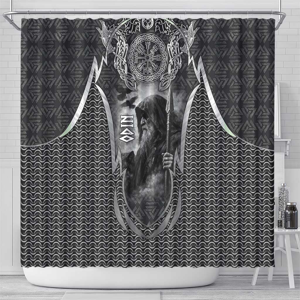 Odin and Viking Warrior Norse Mythology Shower Curtain Realistic Black and Grey Tattoo Style