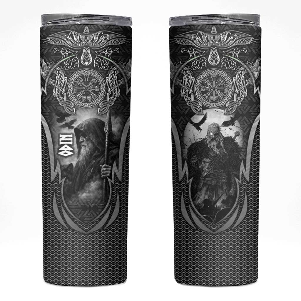Odin and Viking Warrior Norse Mythology Skinny Tumbler Realistic Black and Grey Tattoo Style