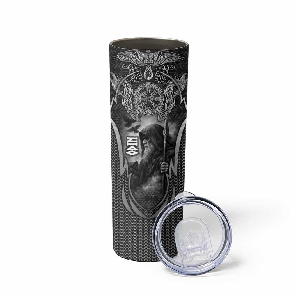 Odin and Viking Warrior Norse Mythology Skinny Tumbler Realistic Black and Grey Tattoo Style