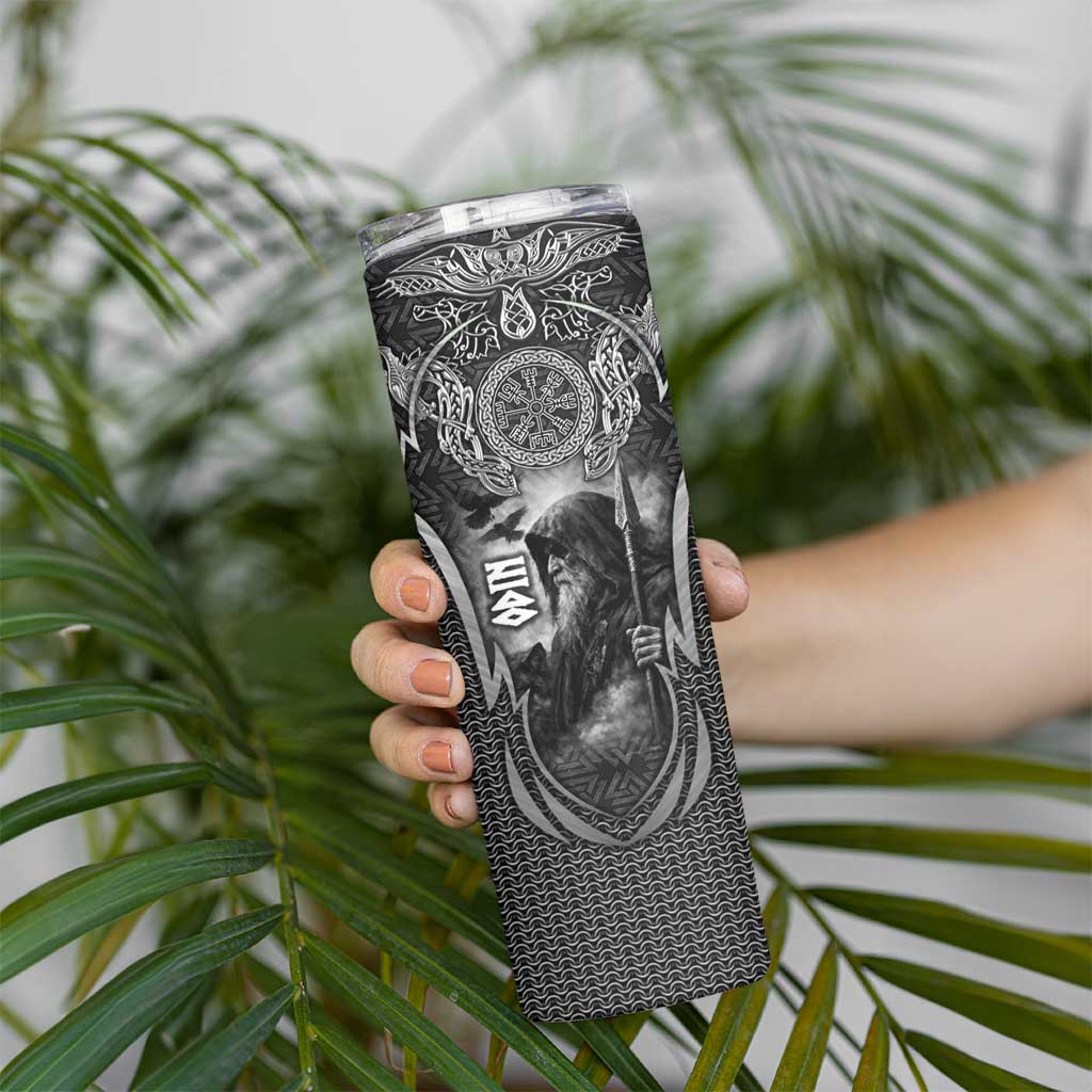 Odin and Viking Warrior Norse Mythology Skinny Tumbler Realistic Black and Grey Tattoo Style