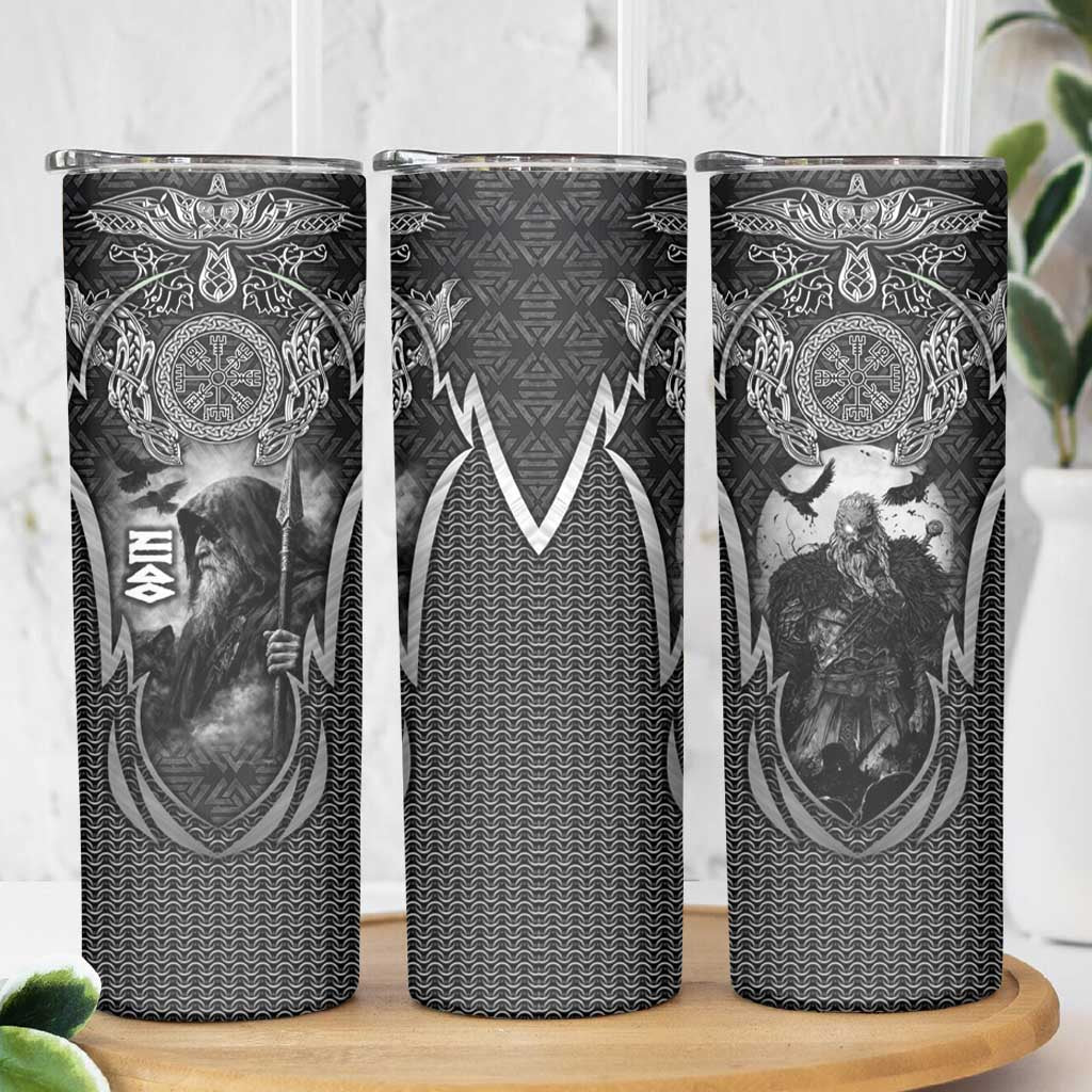 Odin and Viking Warrior Norse Mythology Skinny Tumbler Realistic Black and Grey Tattoo Style