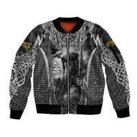 Odin and Viking Warrior Norse Mythology Sleeve Zip Bomber Jacket Realistic Black and Grey Tattoo Style