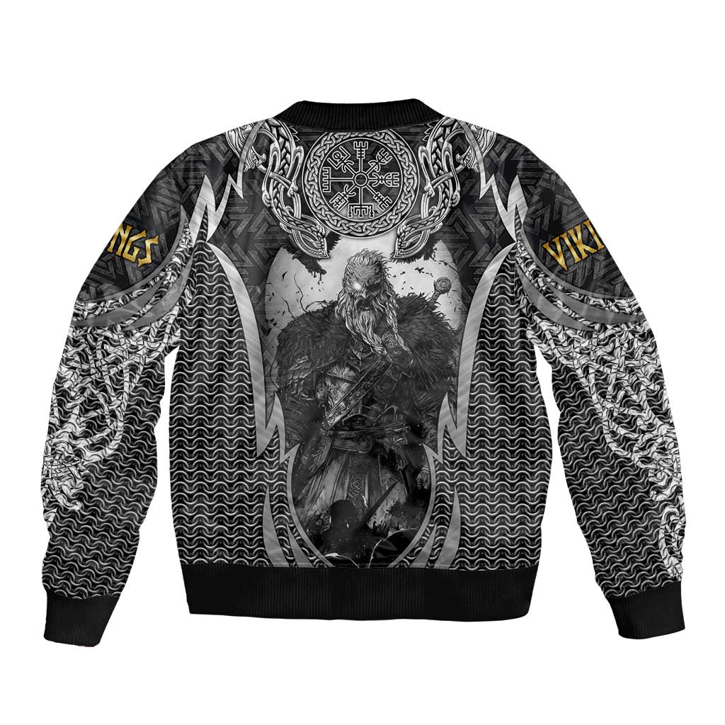 Odin and Viking Warrior Norse Mythology Sleeve Zip Bomber Jacket Realistic Black and Grey Tattoo Style