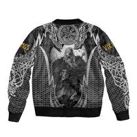 Odin and Viking Warrior Norse Mythology Sleeve Zip Bomber Jacket Realistic Black and Grey Tattoo Style
