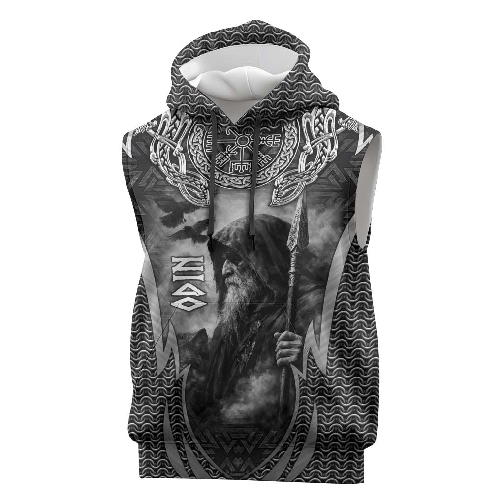 Odin and Viking Warrior Norse Mythology Sleeveless Hoodie Realistic Black and Grey Tattoo Style