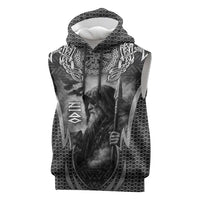 Odin and Viking Warrior Norse Mythology Sleeveless Hoodie Realistic Black and Grey Tattoo Style