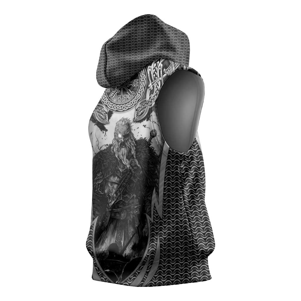 Odin and Viking Warrior Norse Mythology Sleeveless Hoodie Realistic Black and Grey Tattoo Style