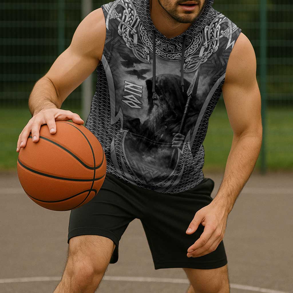 Odin and Viking Warrior Norse Mythology Sleeveless Hoodie Realistic Black and Grey Tattoo Style