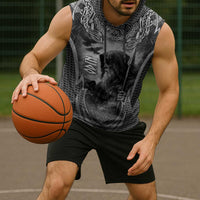 Odin and Viking Warrior Norse Mythology Sleeveless Hoodie Realistic Black and Grey Tattoo Style
