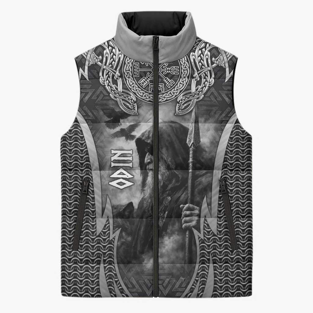 Odin and Viking Warrior Norse Mythology Sleeveless Puffer Jacket Realistic Black and Grey Tattoo Style