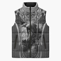 Odin and Viking Warrior Norse Mythology Sleeveless Puffer Jacket Realistic Black and Grey Tattoo Style