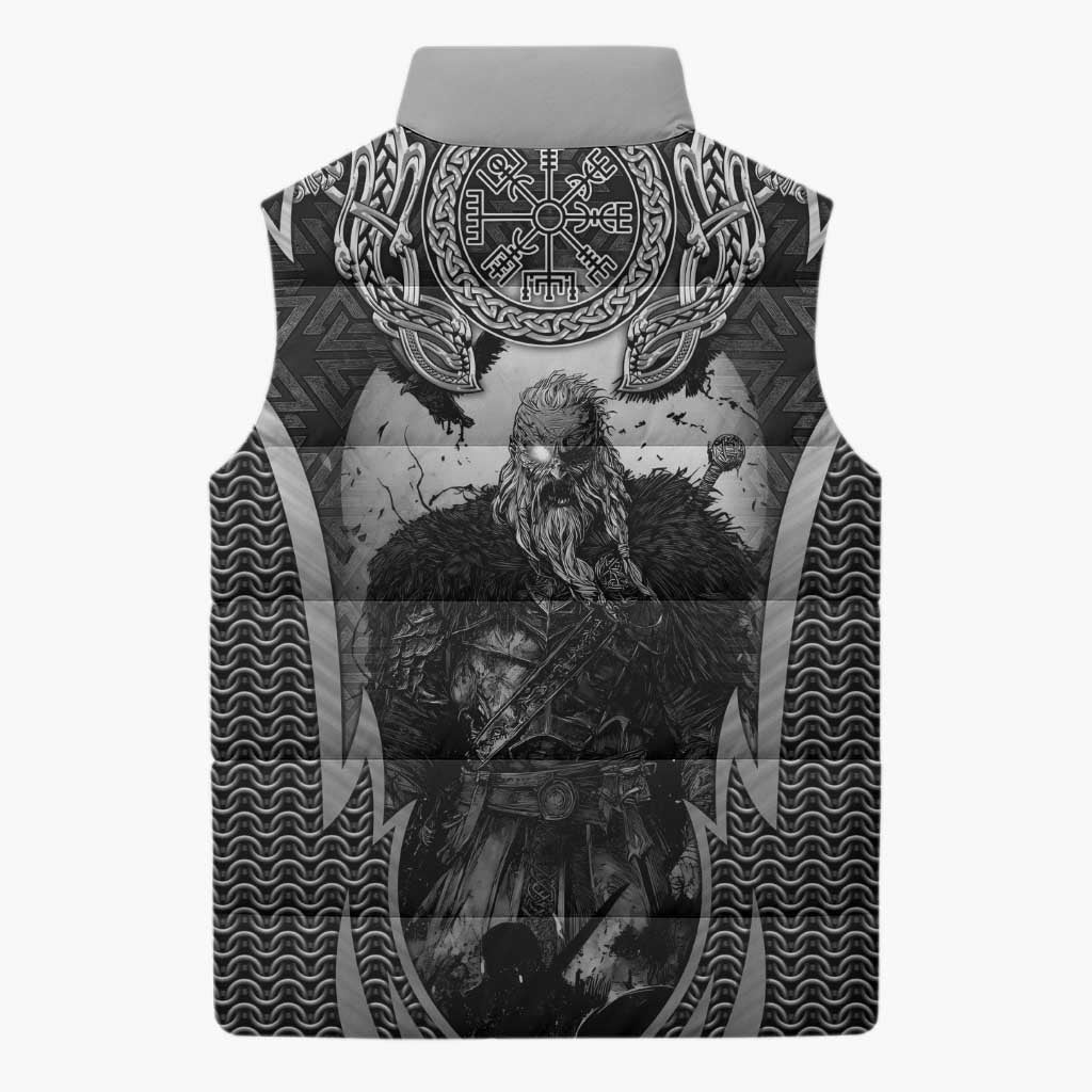 Odin and Viking Warrior Norse Mythology Sleeveless Puffer Jacket Realistic Black and Grey Tattoo Style
