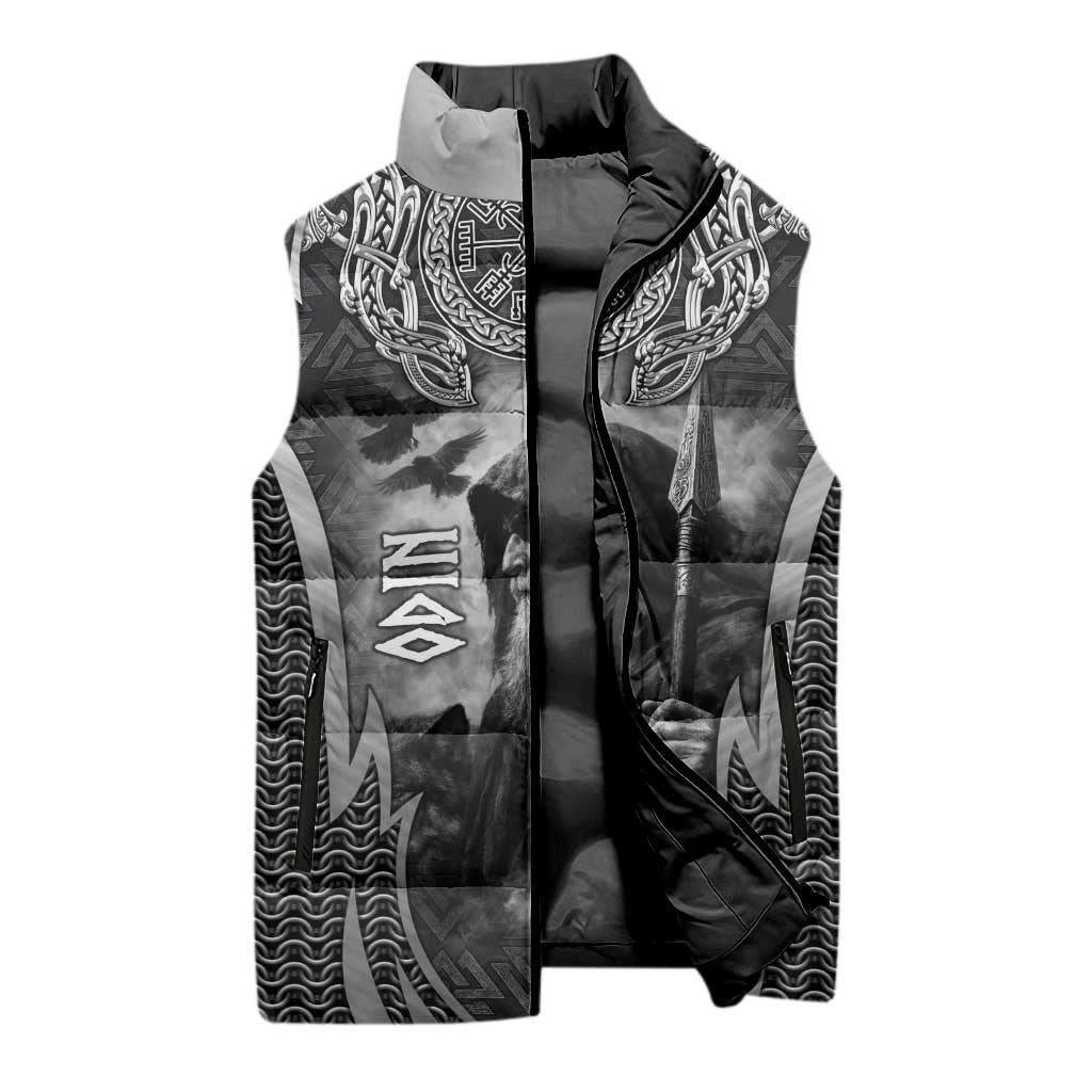 Odin and Viking Warrior Norse Mythology Sleeveless Puffer Jacket Realistic Black and Grey Tattoo Style