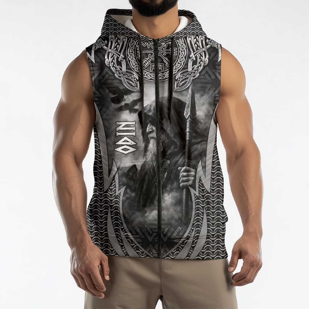 Odin and Viking Warrior Norse Mythology Sleeveless Zip Hoodie Realistic Black and Grey Tattoo Style