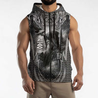 Odin and Viking Warrior Norse Mythology Sleeveless Zip Hoodie Realistic Black and Grey Tattoo Style