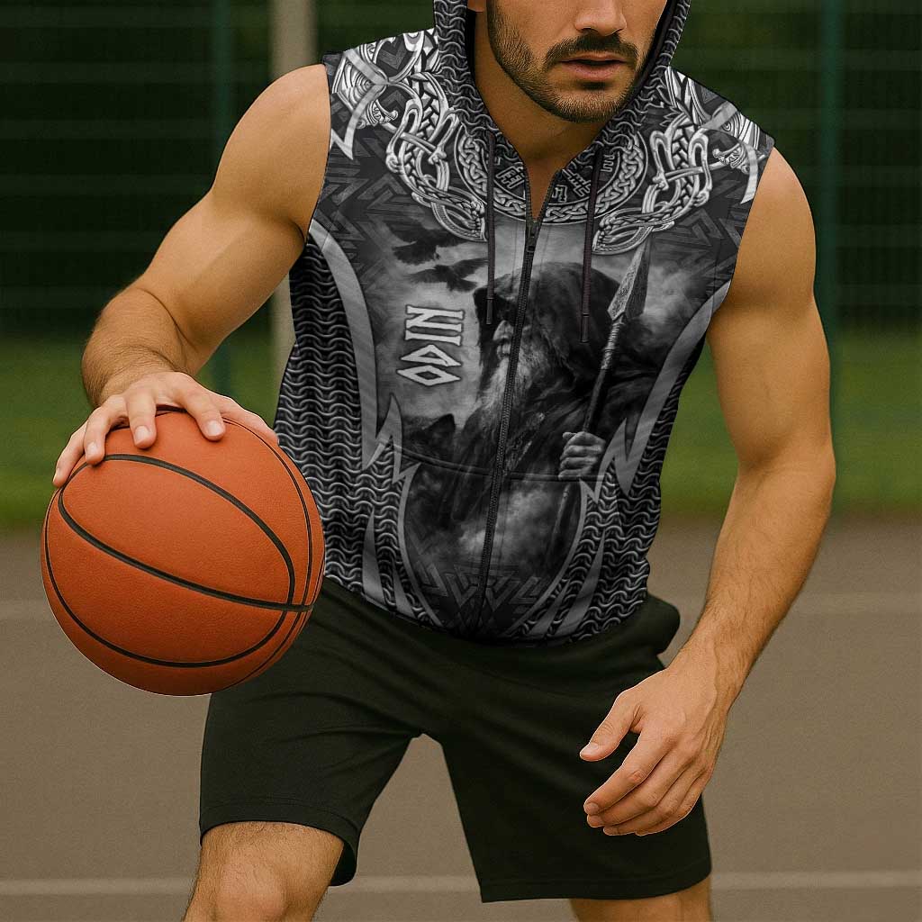 Odin and Viking Warrior Norse Mythology Sleeveless Zip Hoodie Realistic Black and Grey Tattoo Style