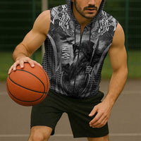 Odin and Viking Warrior Norse Mythology Sleeveless Zip Hoodie Realistic Black and Grey Tattoo Style