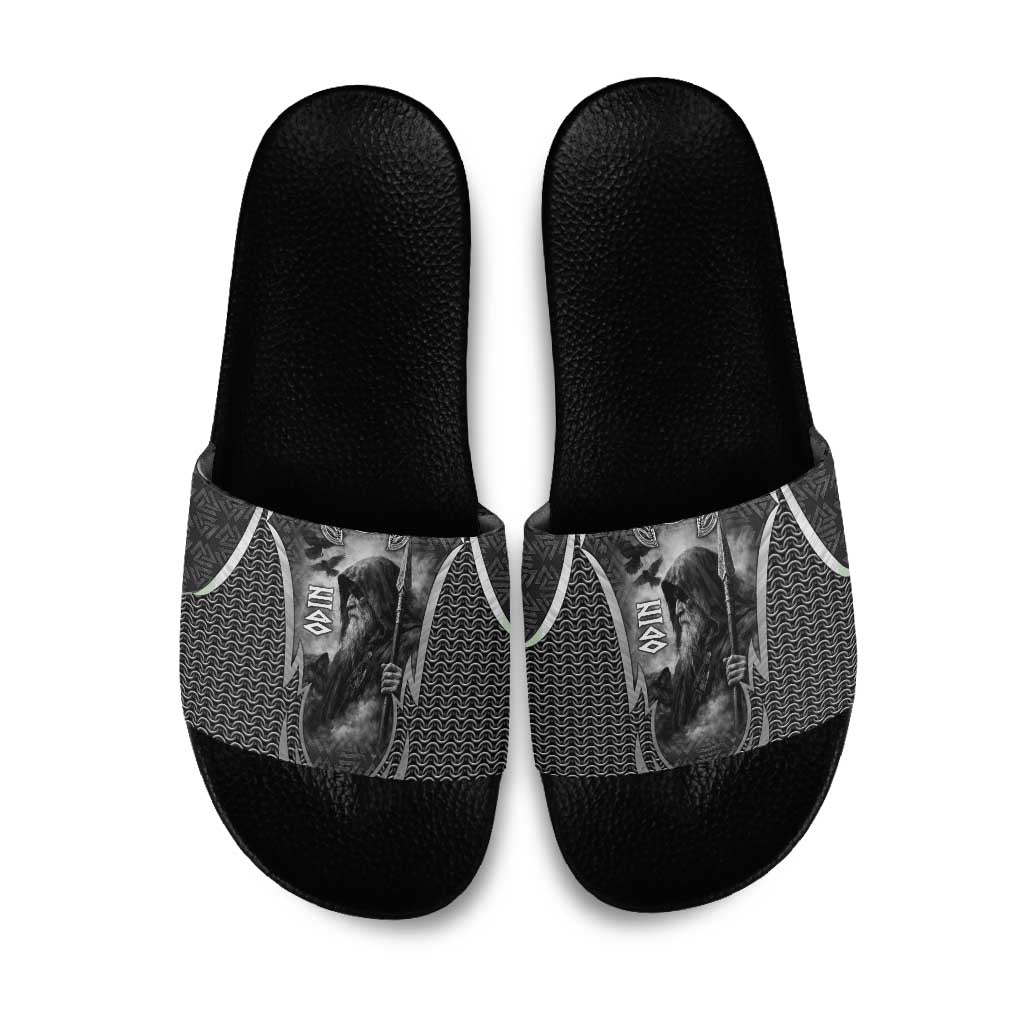 Odin and Viking Warrior Norse Mythology Slide Sandals Realistic Black and Grey Tattoo Style