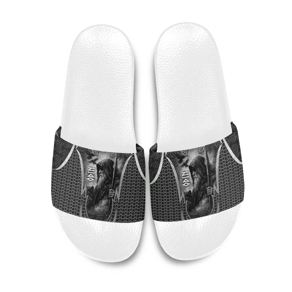 Odin and Viking Warrior Norse Mythology Slide Sandals Realistic Black and Grey Tattoo Style