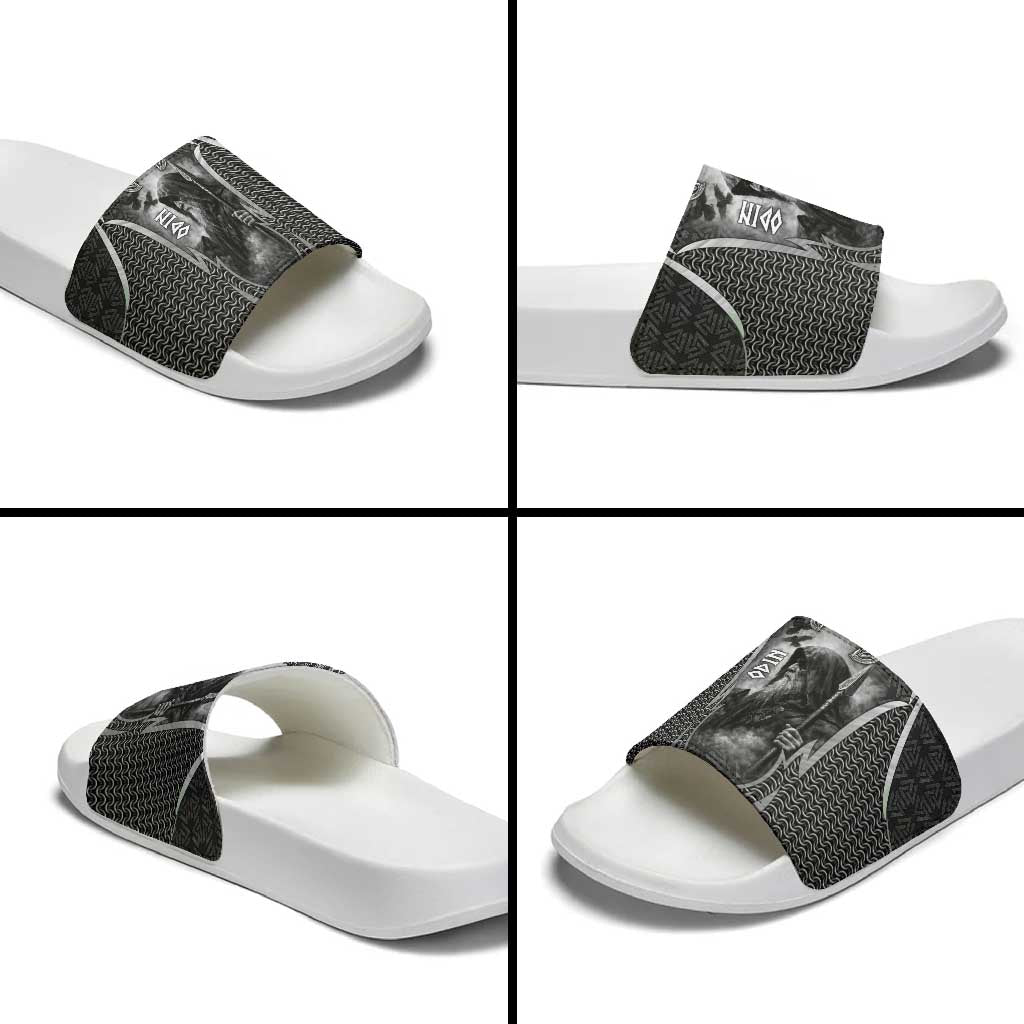 Odin and Viking Warrior Norse Mythology Slide Sandals Realistic Black and Grey Tattoo Style