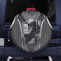Odin and Viking Warrior Norse Mythology Spare Tire Cover Realistic Black and Grey Tattoo Style