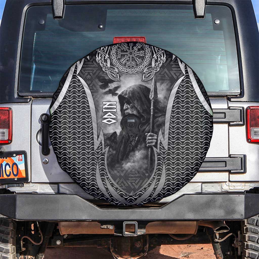 Odin and Viking Warrior Norse Mythology Spare Tire Cover Realistic Black and Grey Tattoo Style