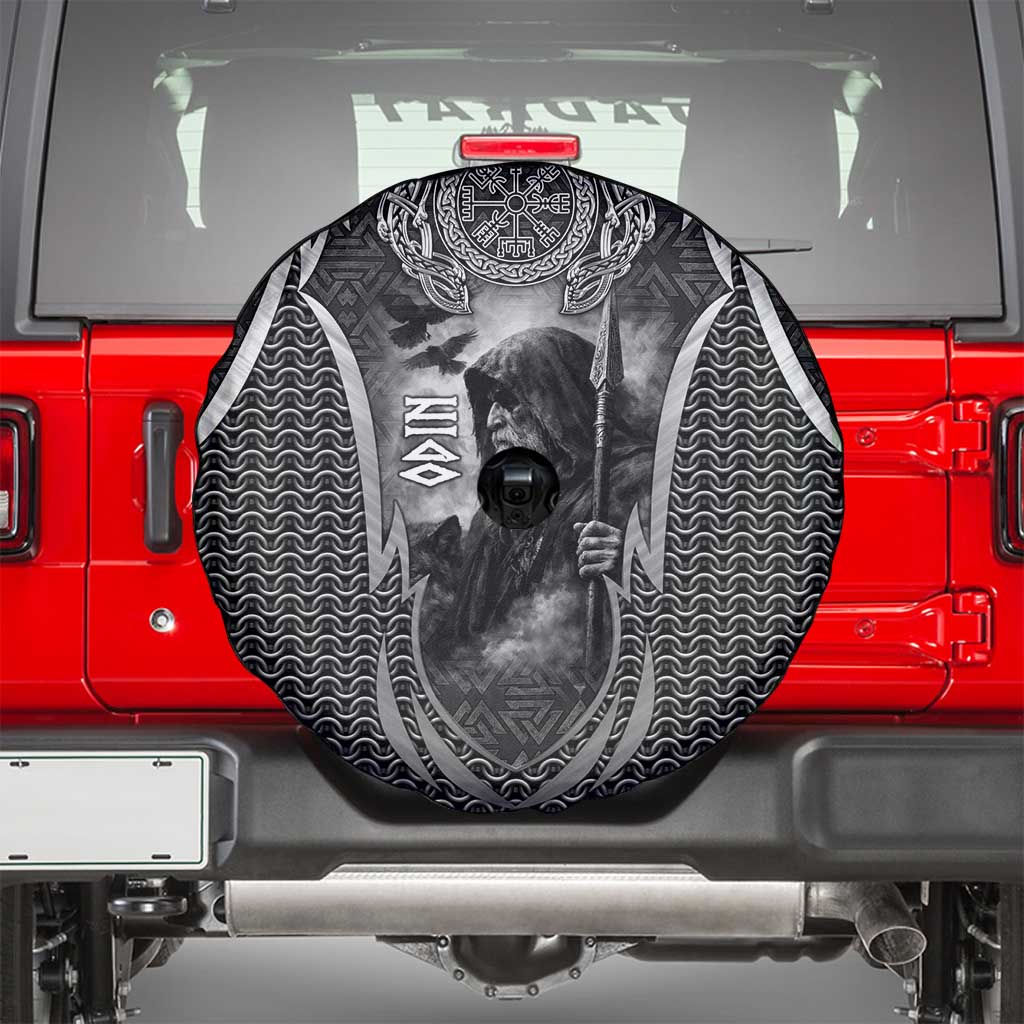 Odin and Viking Warrior Norse Mythology Spare Tire Cover Realistic Black and Grey Tattoo Style