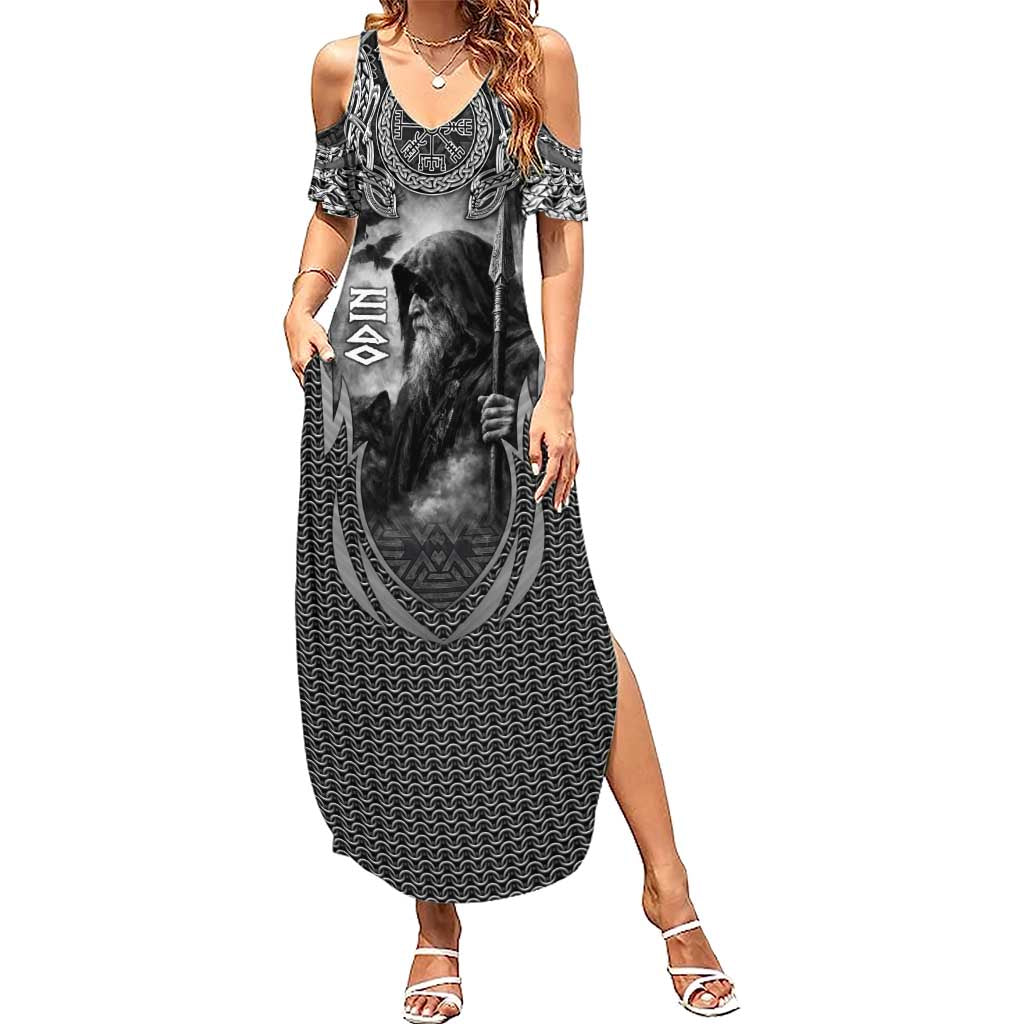 Odin and Viking Warrior Norse Mythology Summer Maxi Dress Realistic Black and Grey Tattoo Style