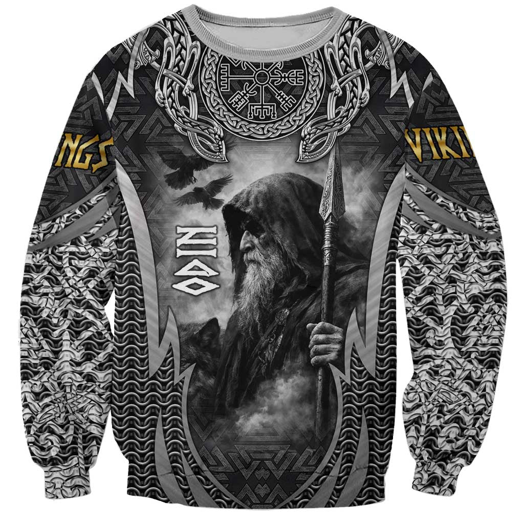Odin and Viking Warrior Norse Mythology Sweatshirt Realistic Black and Grey Tattoo Style