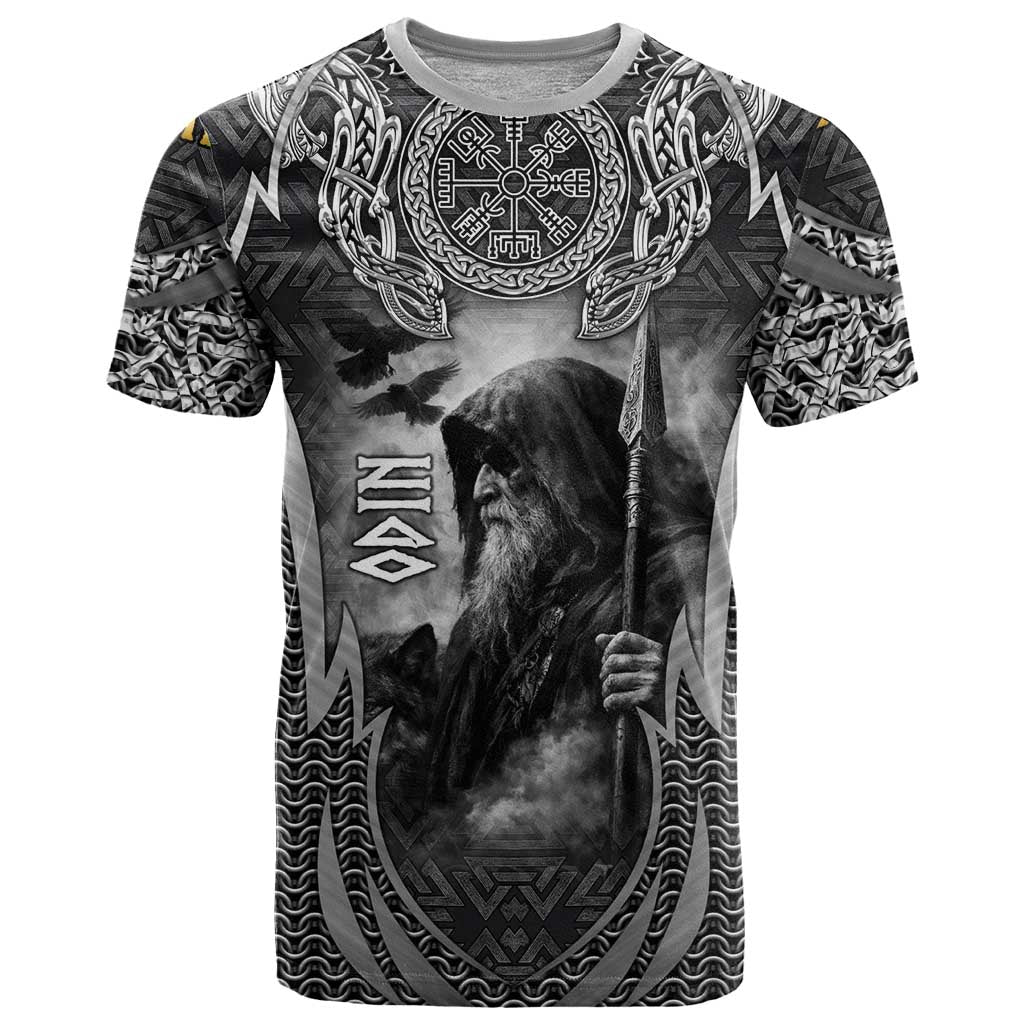 Odin and Viking Warrior Norse Mythology T Shirt Realistic Black and Grey Tattoo Style