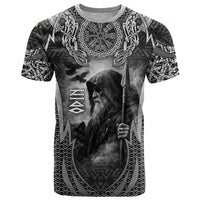 Odin and Viking Warrior Norse Mythology T Shirt Realistic Black and Grey Tattoo Style
