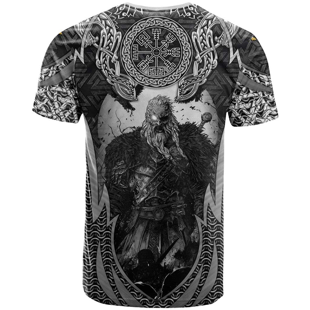 Odin and Viking Warrior Norse Mythology T Shirt Realistic Black and Grey Tattoo Style