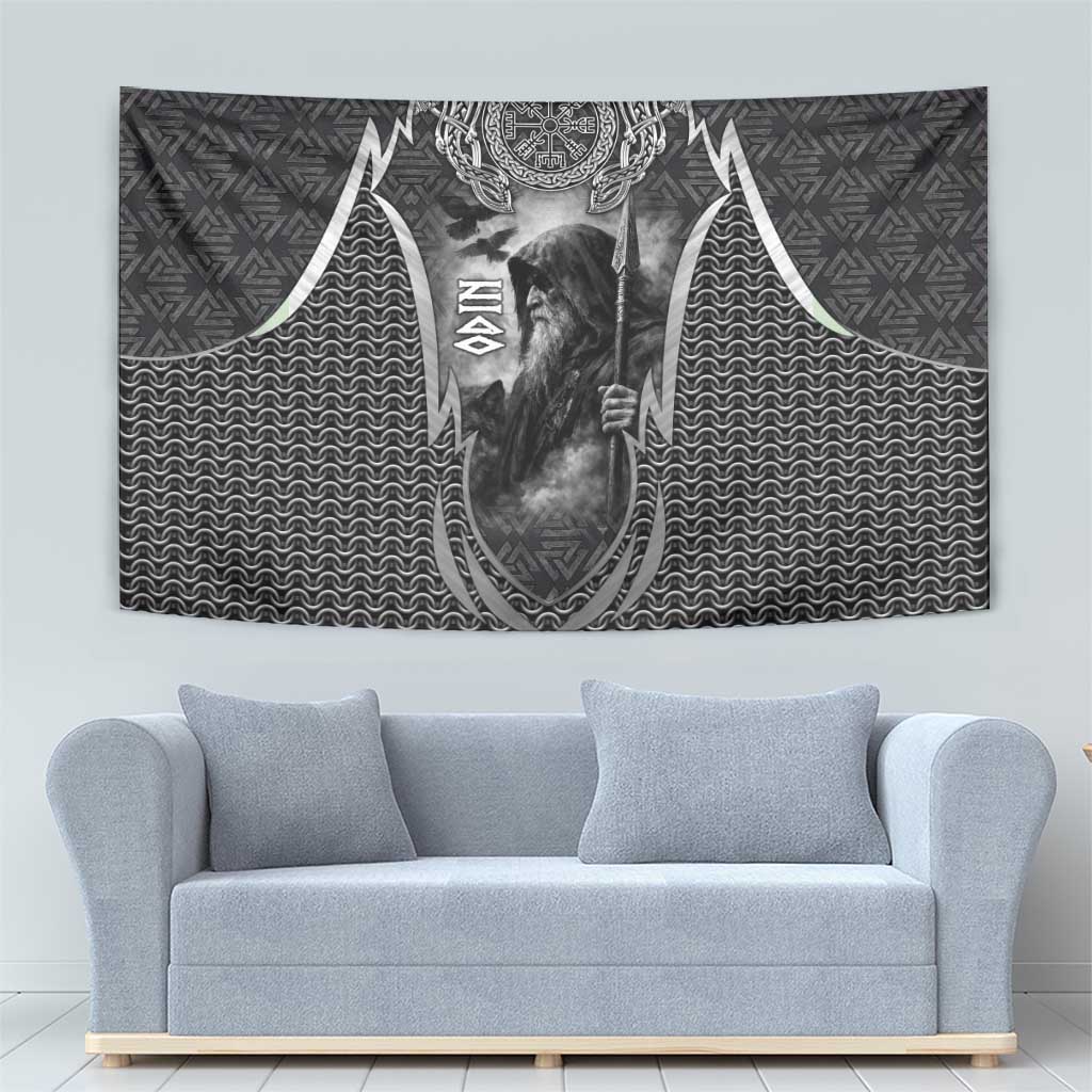 Odin and Viking Warrior Norse Mythology Tapestry Realistic Black and Grey Tattoo Style